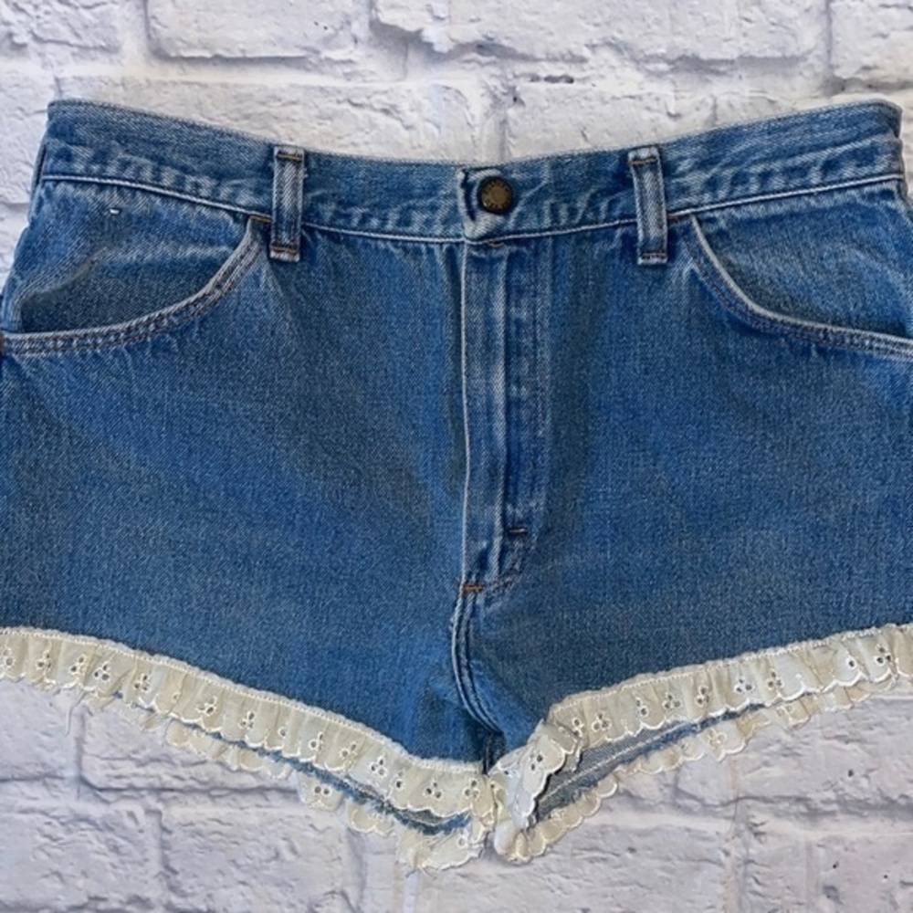 Vtg Rustler Girls Husky Eyelet Lace Ruffle Trim Denim Jean Shorts - Adult Small